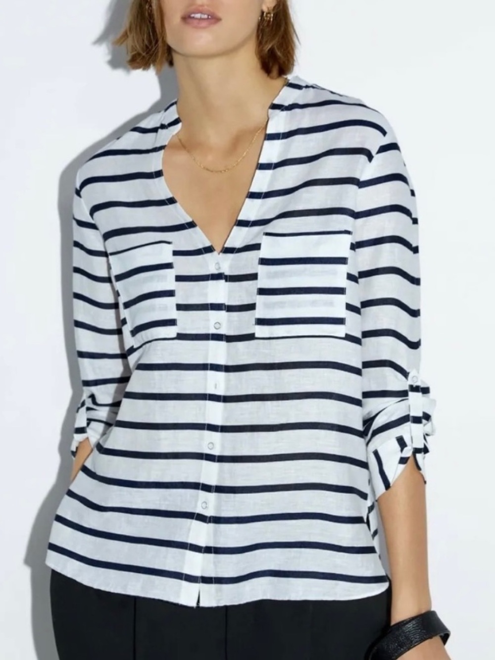 Zara Navy and White Striped Linen Blouse